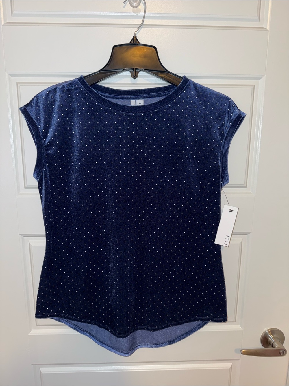 Elle Navy Velvet Short Sleeve Top with Rhinestone Accents